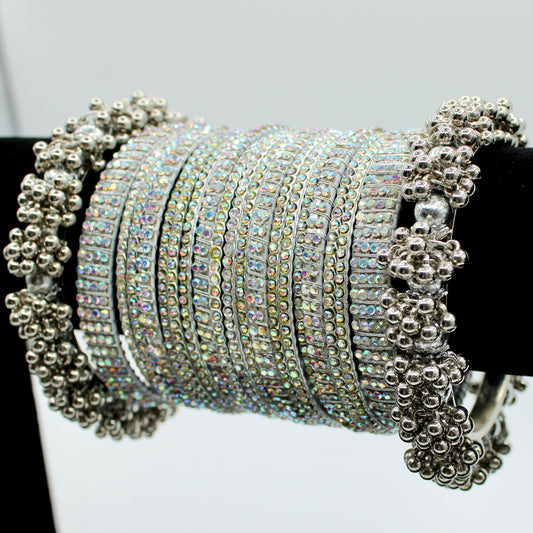 Silver Rhinestone Bangle and Kada Set - E504