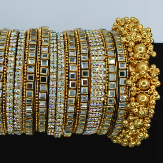 Faux Kundan and Rhinestone Bangle Set with Jhumki Details - E502