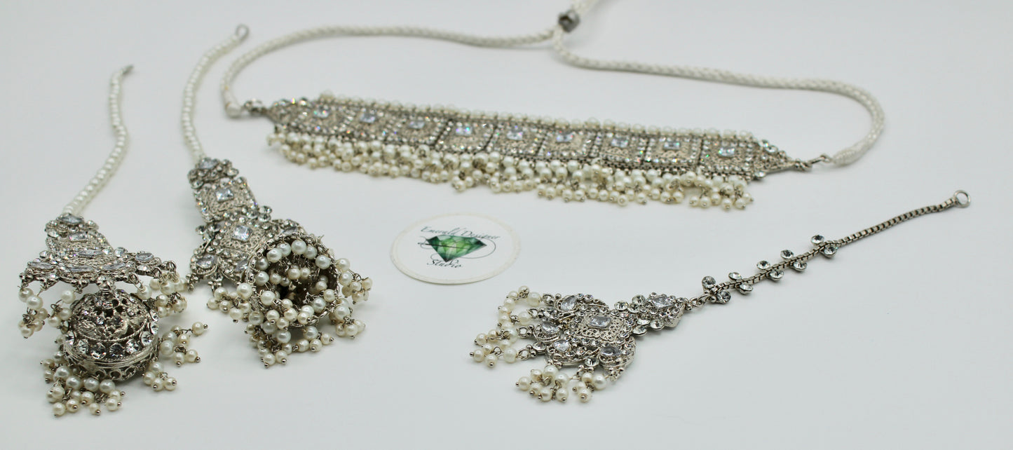 Cubic Zirconia and Faux Pearl Choker Necklace Set - E1134