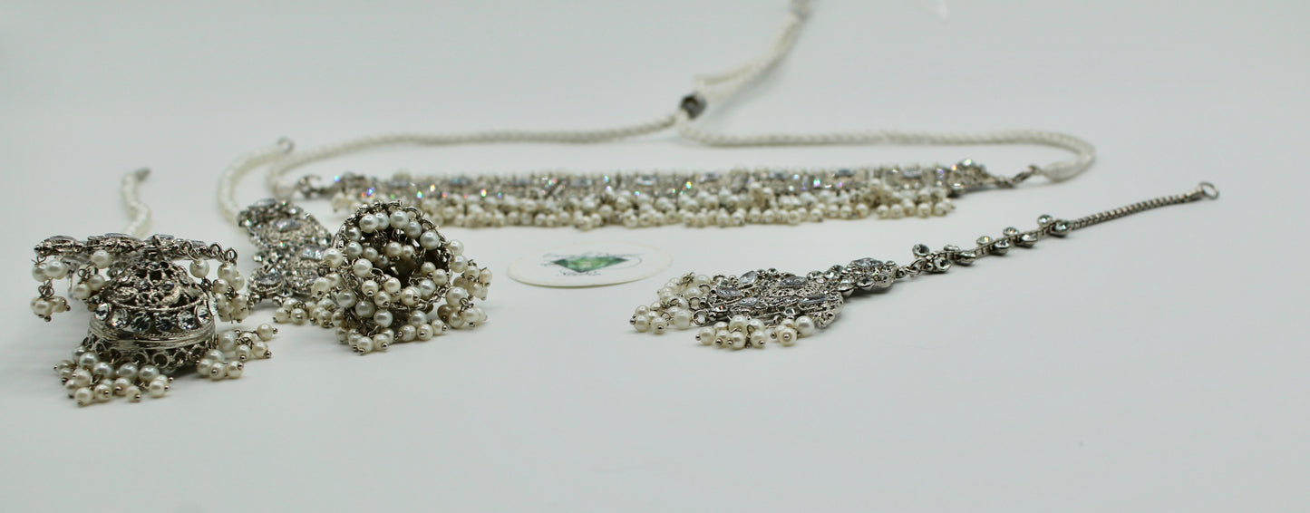 Cubic Zirconia and Faux Pearl Choker Necklace Set - E1134