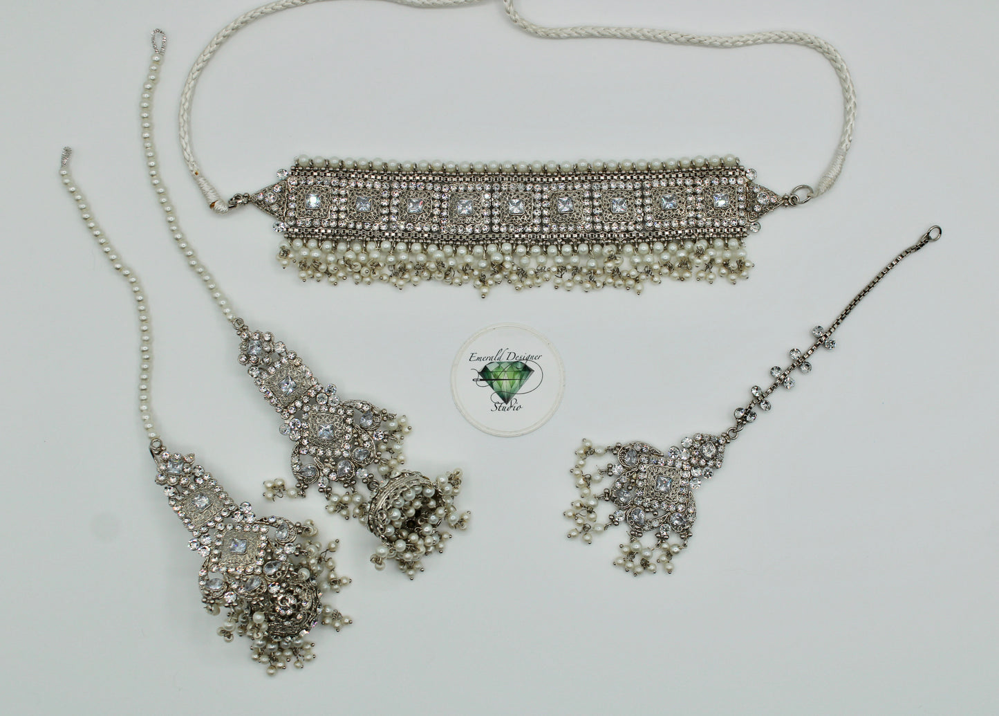 Cubic Zirconia and Faux Pearl Choker Necklace Set - E1134
