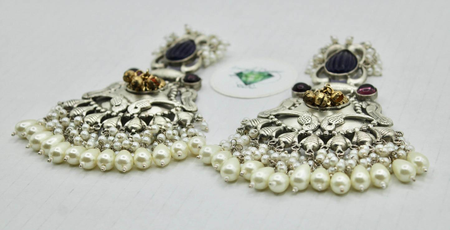 Oxidized Earrings With Faux Pearls - E1227