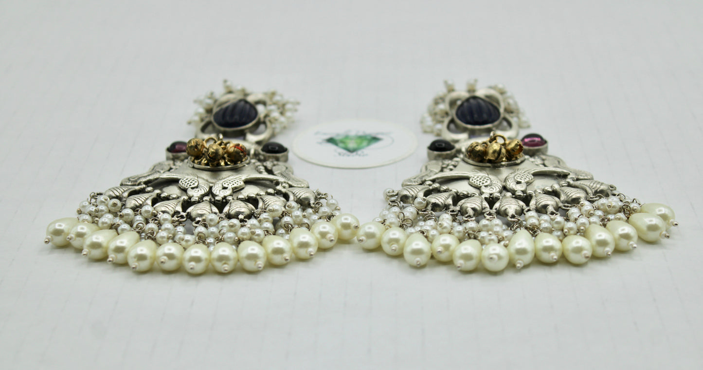 Oxidized Earrings With Faux Pearls - E1227