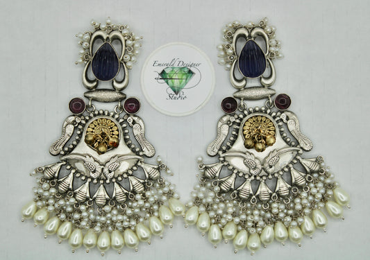 Oxidized Earrings With Faux Pearls - E1227