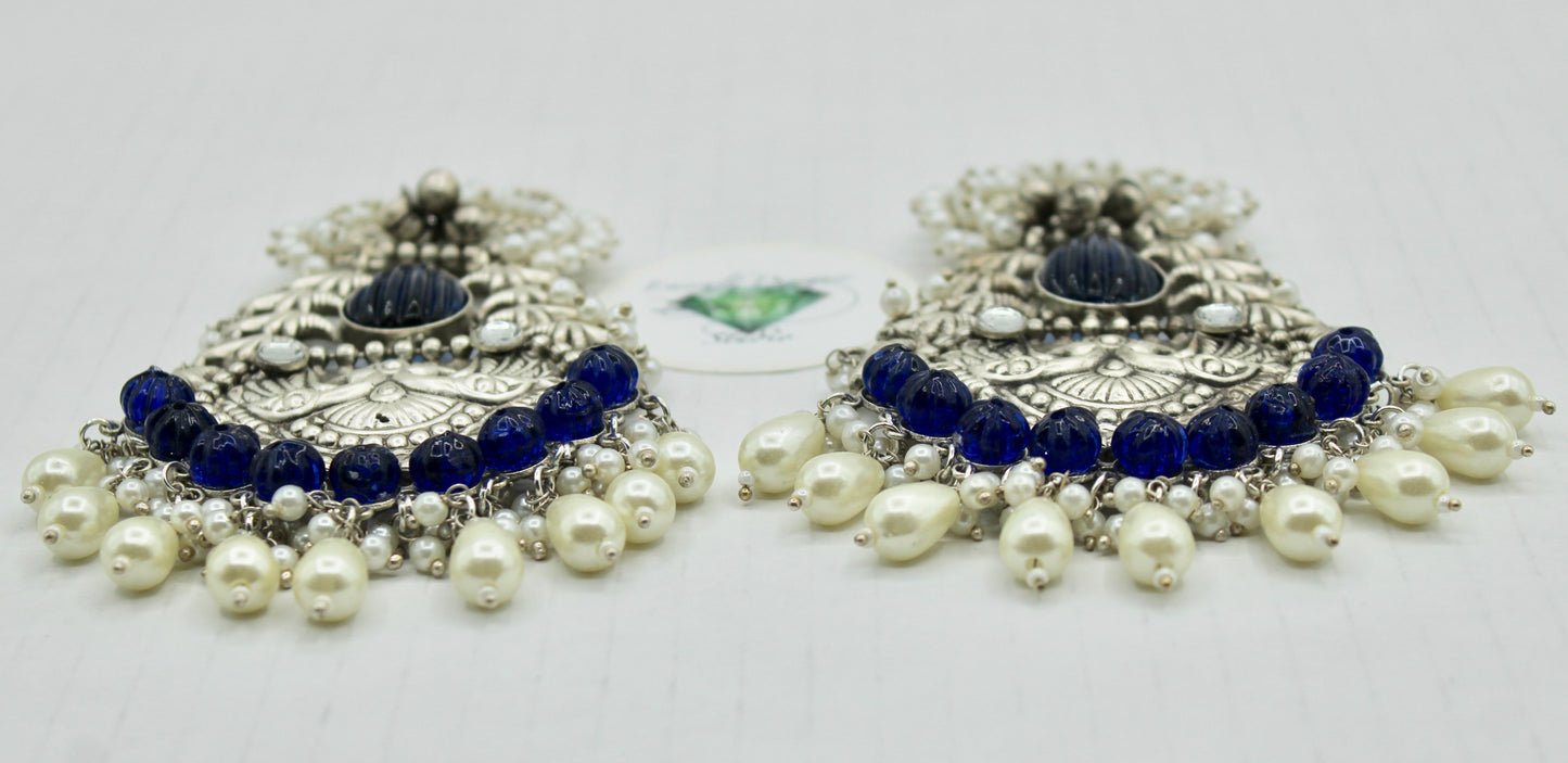Oxidized Kundan and Faux Pearl Earrings - E1228
