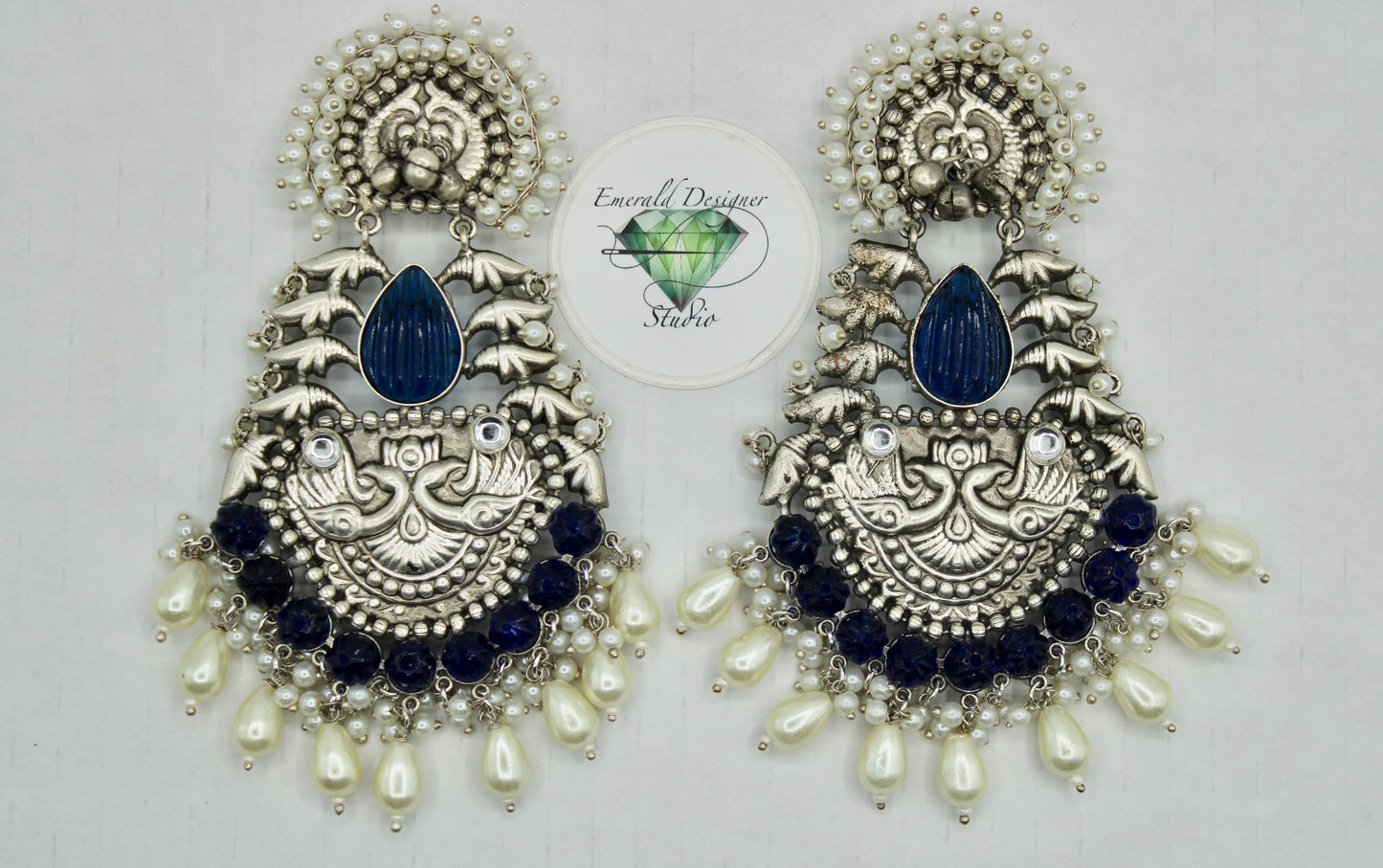 Oxidized Kundan and Faux Pearl Earrings - E1228