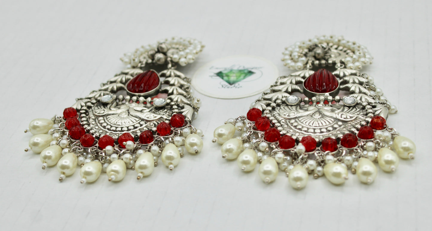 Oxidized Kundan and Faux Pearl Earrings - E1228