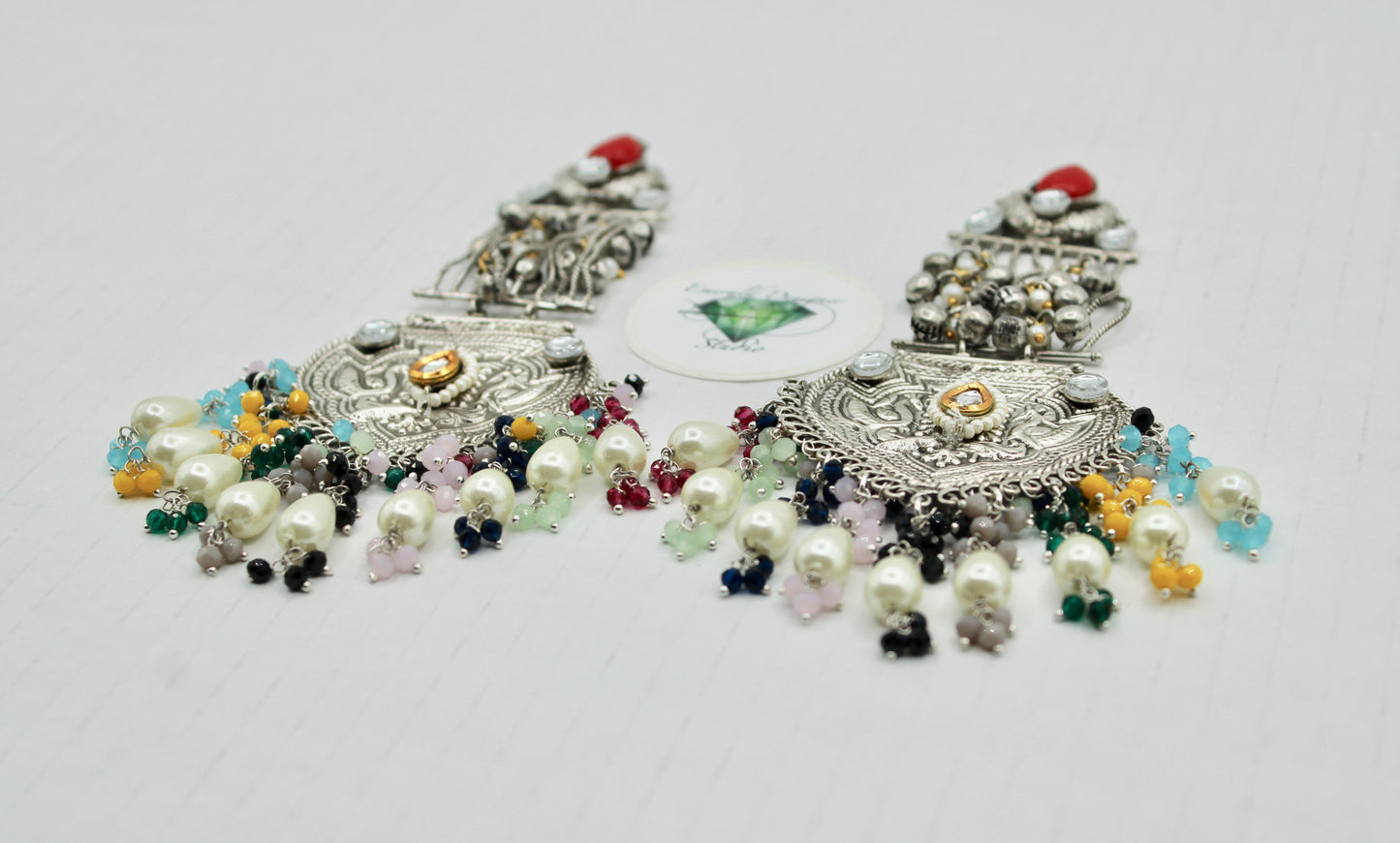 Oxidized Kundan Earrings With Crystals and Faux Pearls - E1256