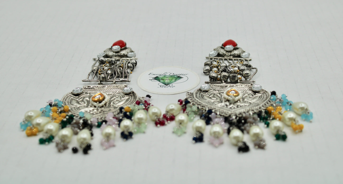 Oxidized Kundan Earrings With Crystals and Faux Pearls - E1256