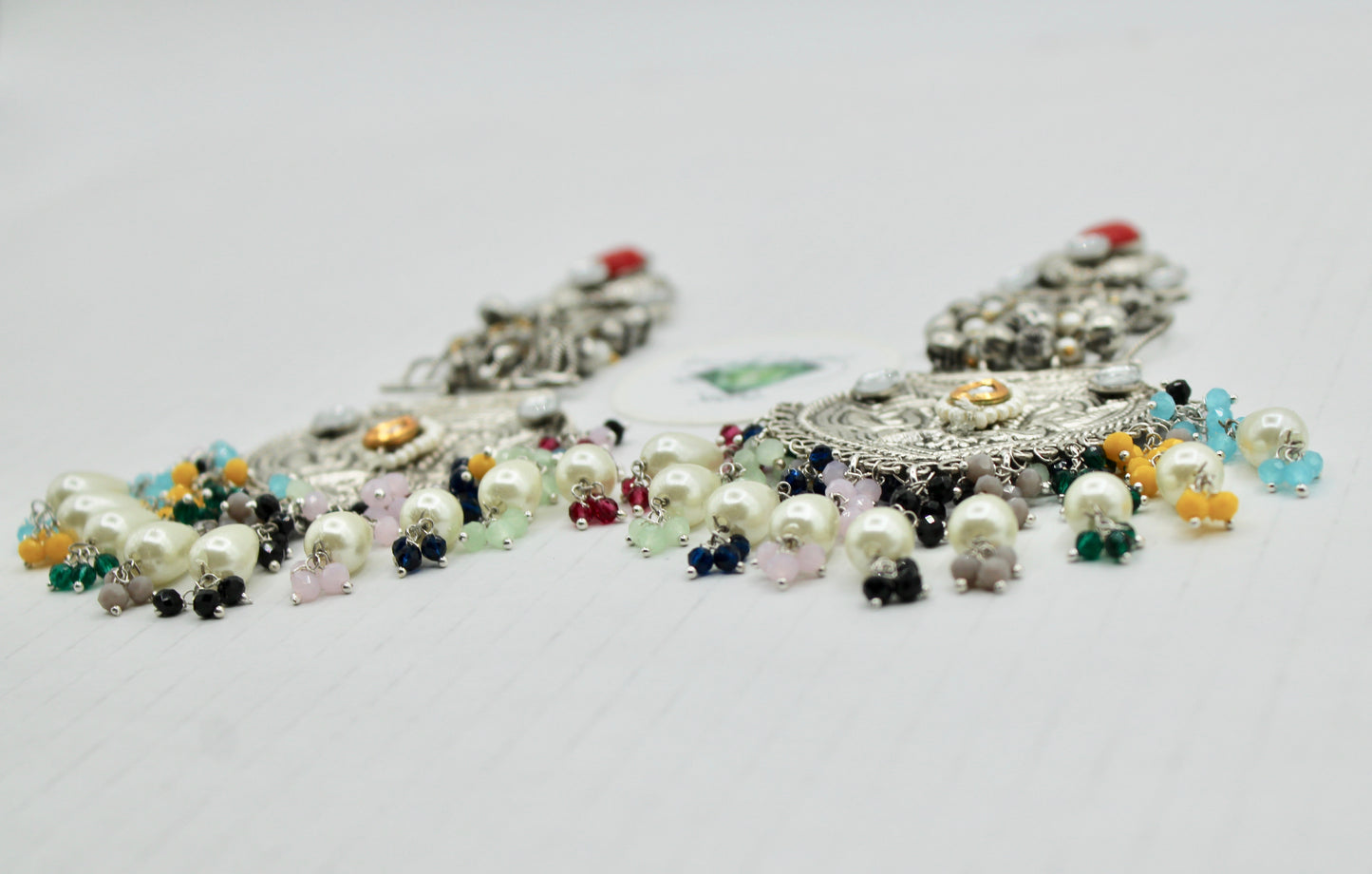 Oxidized Kundan Earrings With Crystals and Faux Pearls - E1256