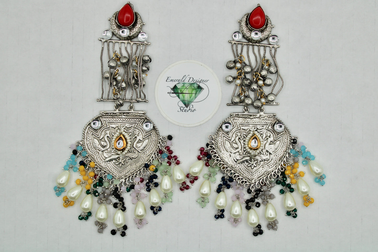 Oxidized Kundan Earrings With Crystals and Faux Pearls - E1256