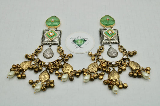 Carved Stone Oxidized Earrings With Faux Pearl Details - E1261