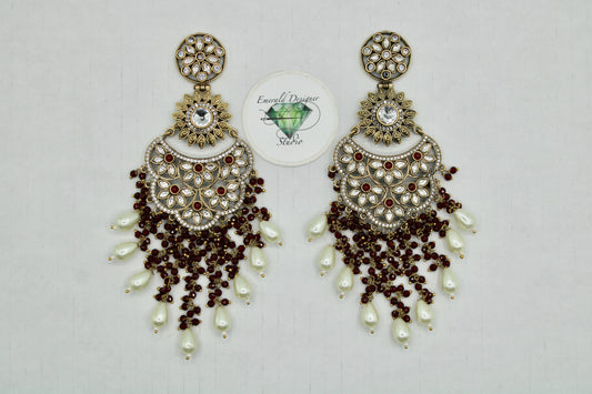 Oxidized Earrings With Cubic Zirconia And Faux Peals - E1122