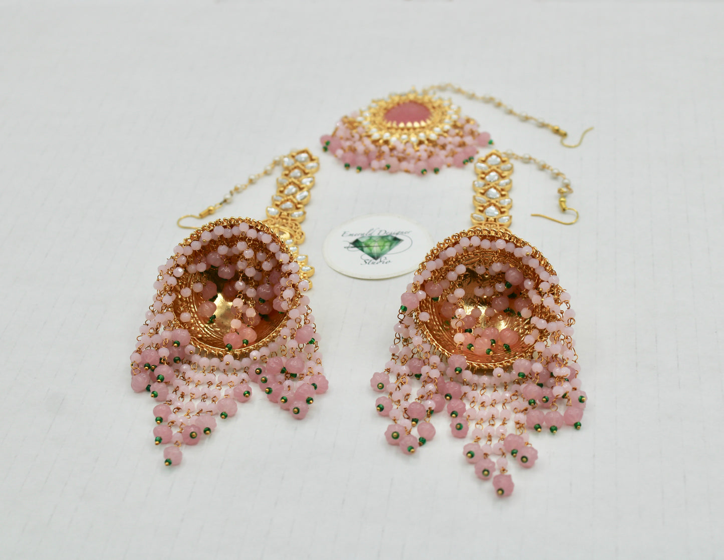 Carved Stone Teeka and Jhumer Set - E1146
