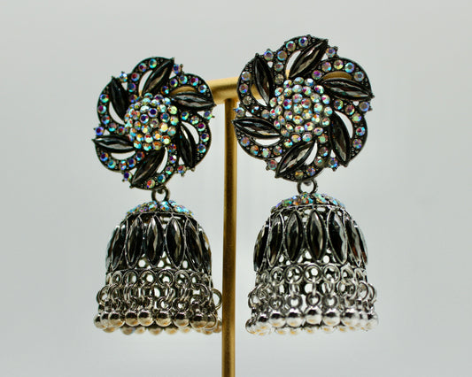 Floral Rhinestone and Ghungroo Jhumki Set - E7007
