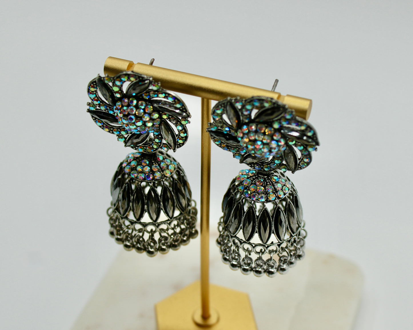 Floral Rhinestone and Ghungroo Jhumki Set - E7007