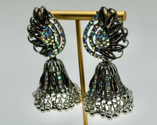 Iridescent Rhinestone and Ghungroo Jhumki Set - E7005