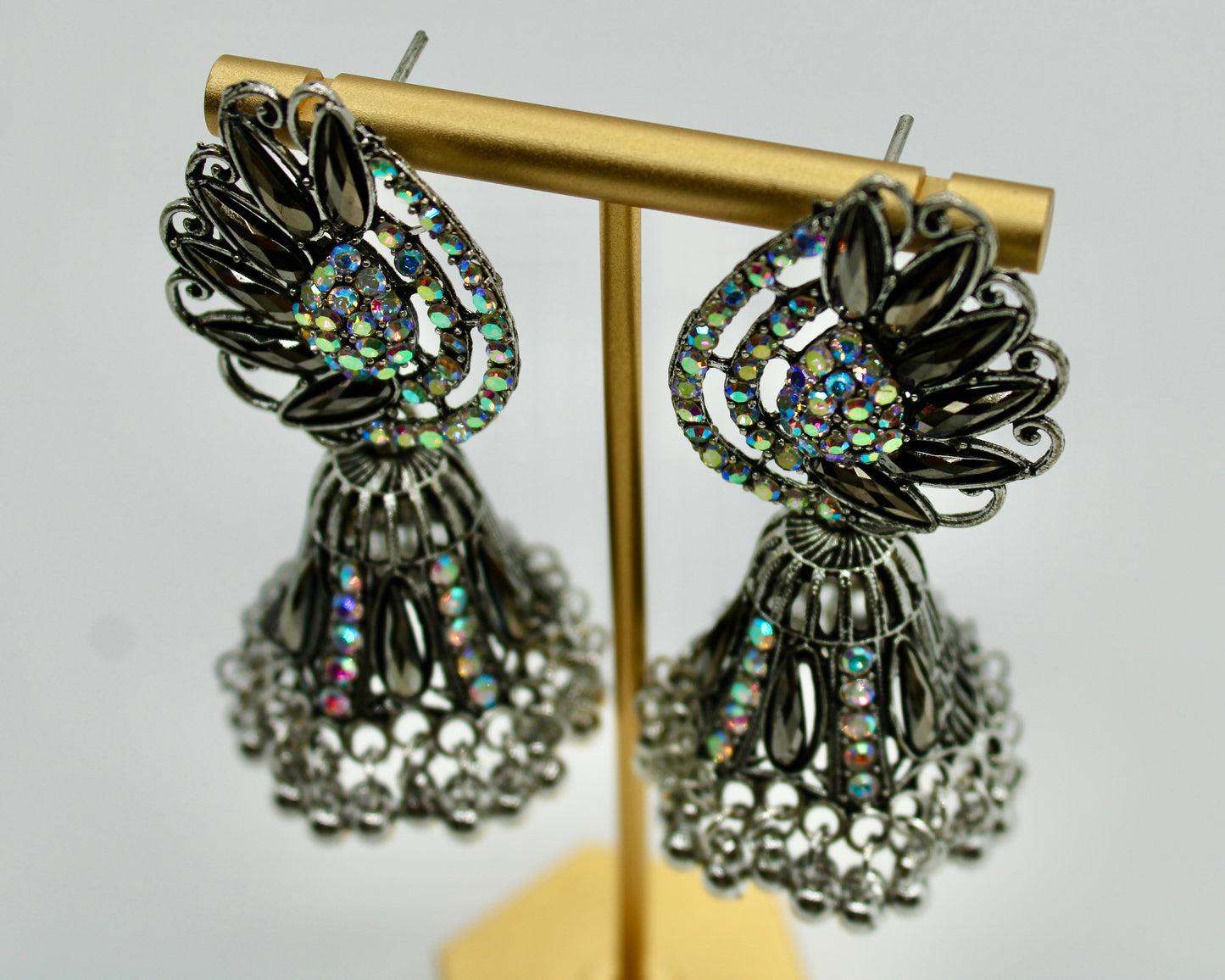 Iridescent Rhinestone and Ghungroo Jhumki Set - E7005