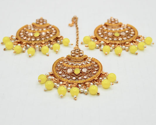 Cubic Zirconia and Bead Chaand Bali Teeka Set - E1325
