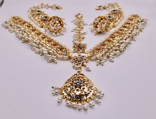 Faux Pearl Hyderabadi Mathha Pati and Earring Set - E1182