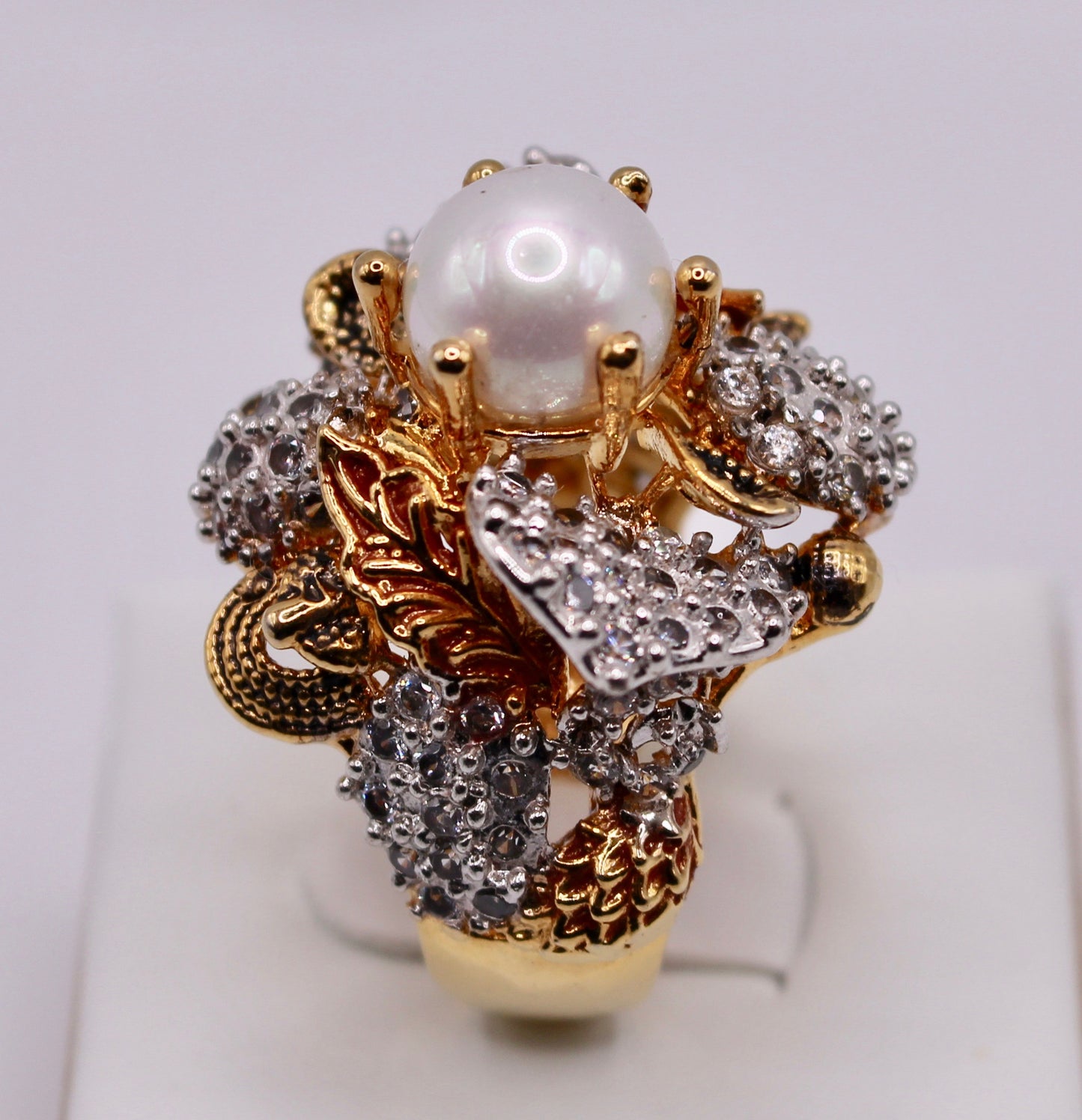 Cubic Zirconia and Faux Pearl Statement Ring - E1141