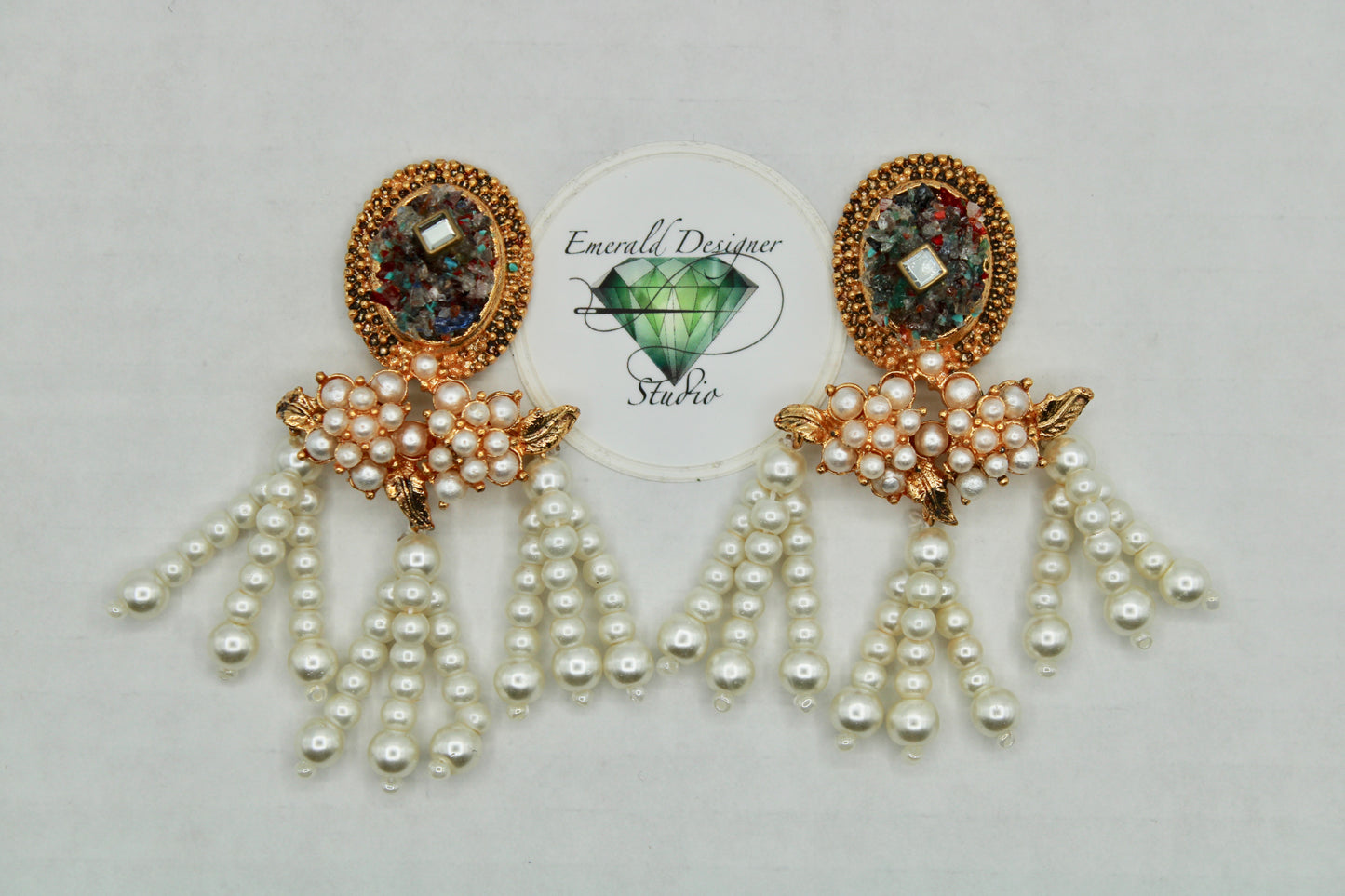 Crushed Stone Earrings with Faux Pearls - E1107
