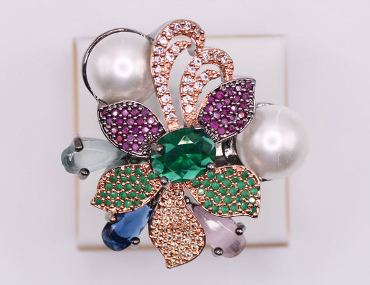 Multicoloured Cubic Zirconia and Faux Pearl Ring - E840