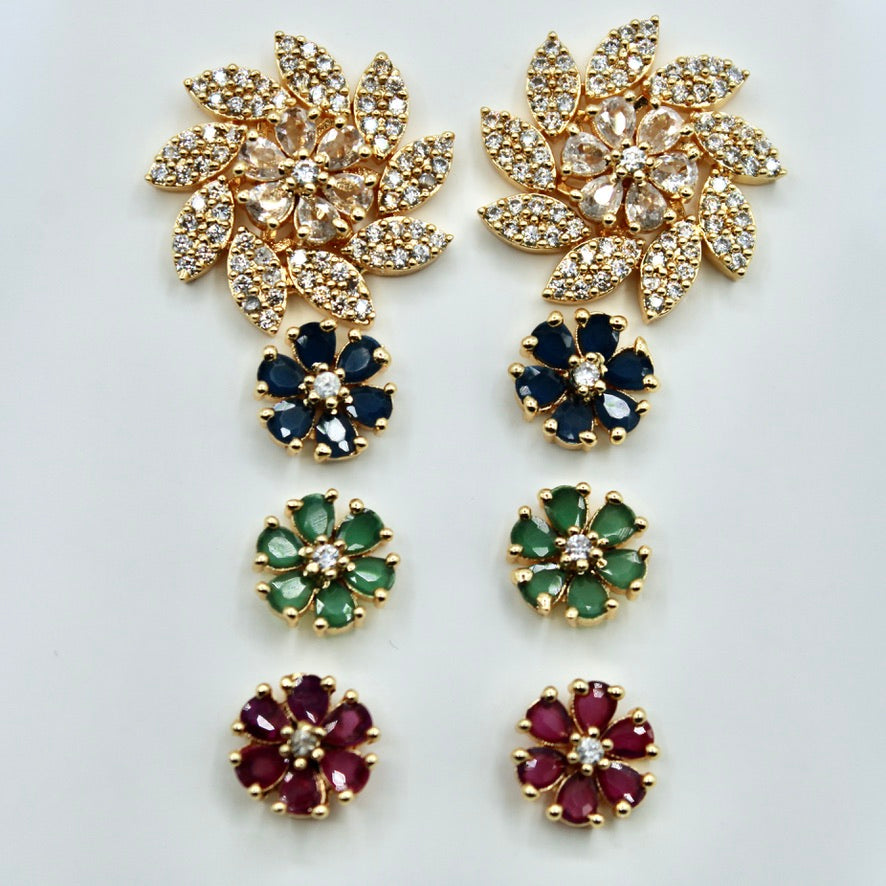 4-in-1 Cubic Zirconia Floral Studs - E2350