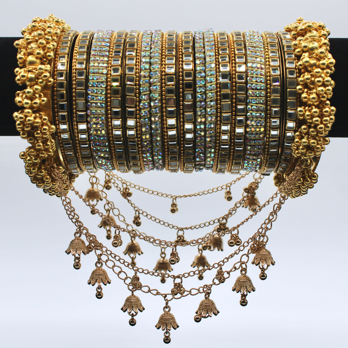 Faux Kundan and Rhinestone Bangle Set with Jhumki Details - E502