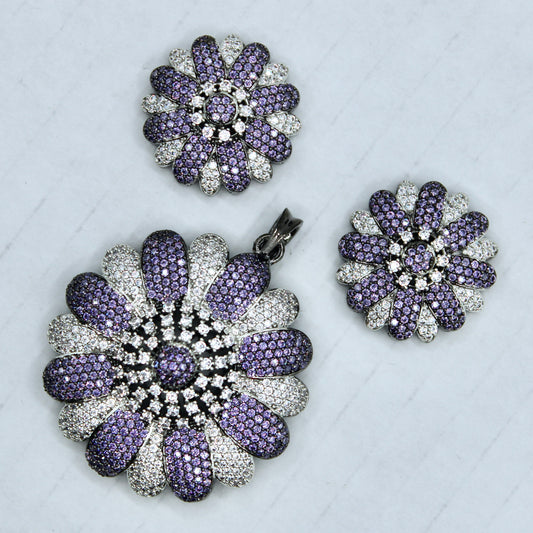 Contrasting Floral Cubic Zirconia Pendant Set - E2282