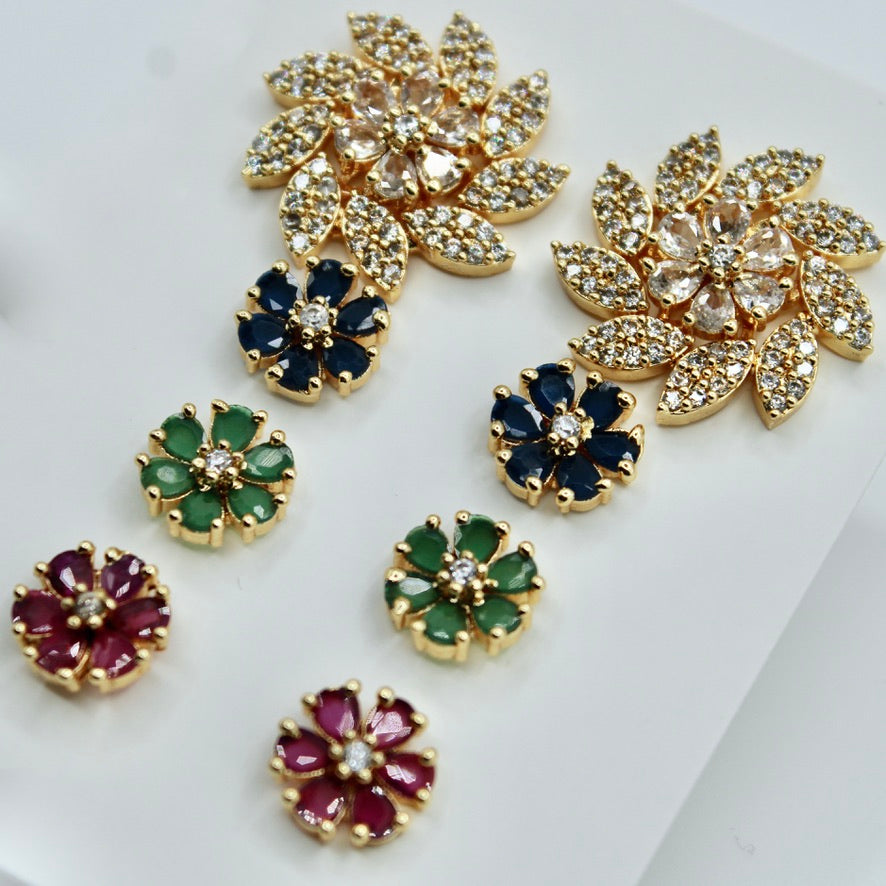 4-in-1 Cubic Zirconia Floral Studs - E2350