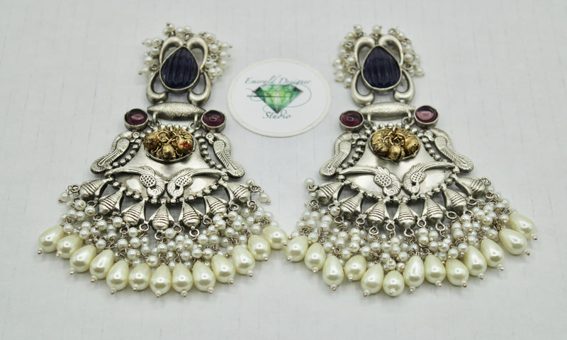 Oxidized Earrings With Faux Pearls - E1227