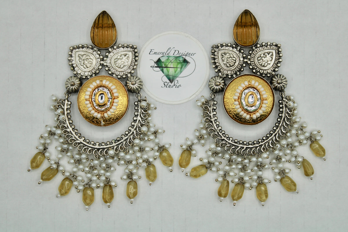 Two-Toned Oxidized Carved Stone Earrings With Faux Pearls - E1229