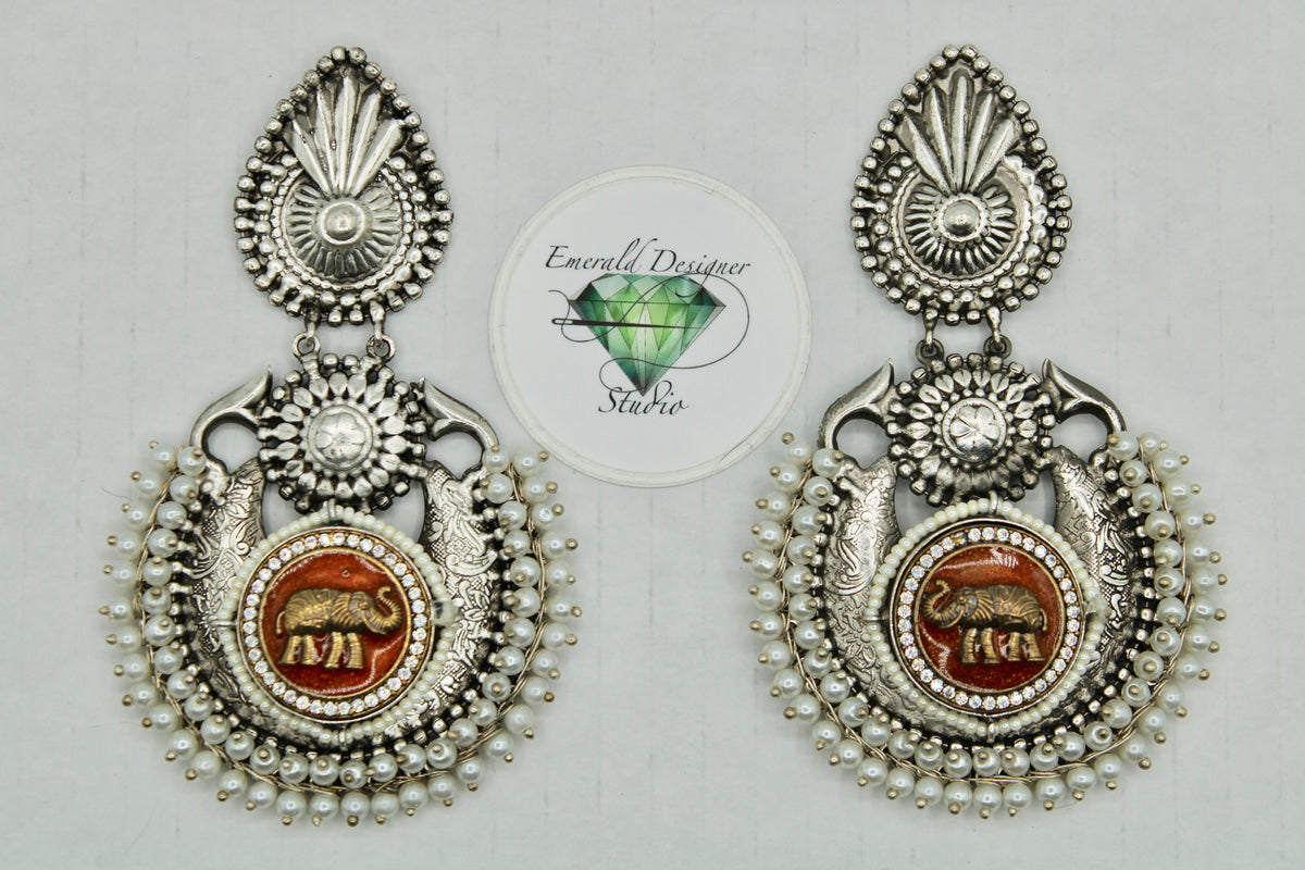 Oxidized Earrings With Faux Gajra Pearls - E1230