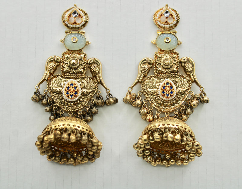 Oxidized Fusion Jhumkis With Carved Stone and Faux Pearls - E1255