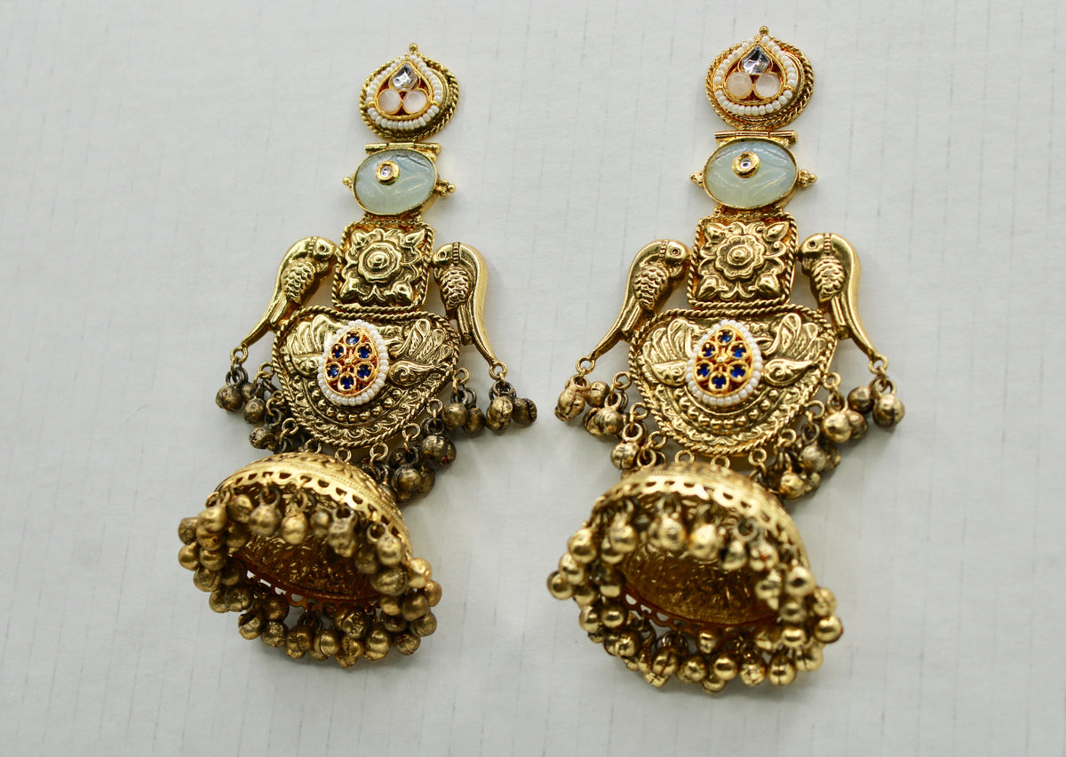 Oxidized Fusion Jhumkis With Carved Stone and Faux Pearls - E1255