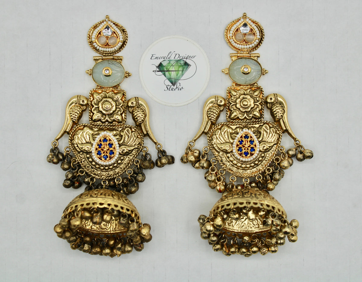 Oxidized Fusion Jhumkis With Carved Stone and Faux Pearls - E1255