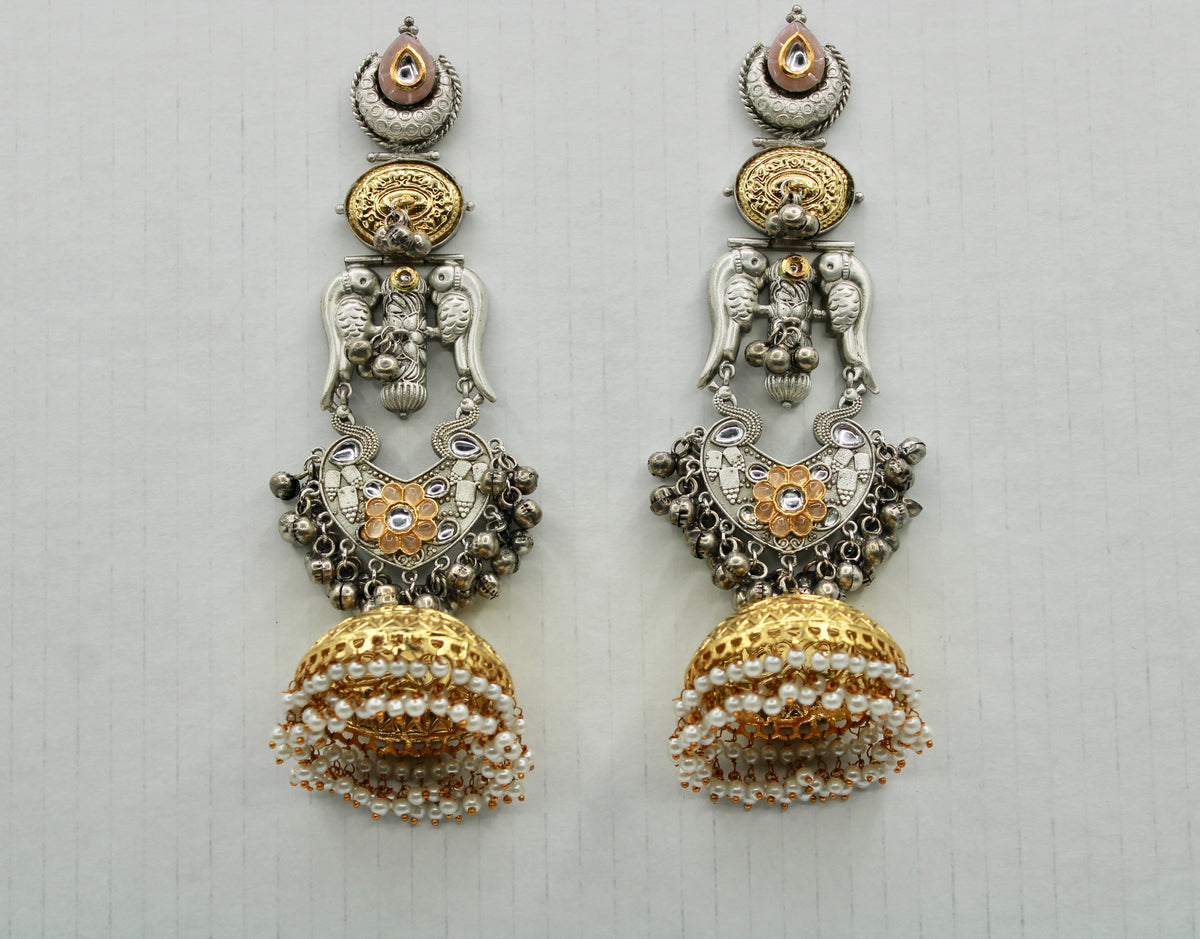 Two-Toned Oxidized Kundan Jhumki With Faux Pearls - E1257