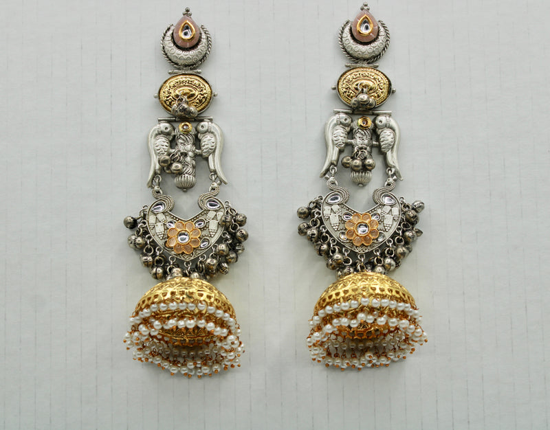 Two-Toned Oxidized Kundan Jhumki With Faux Pearls - E1257