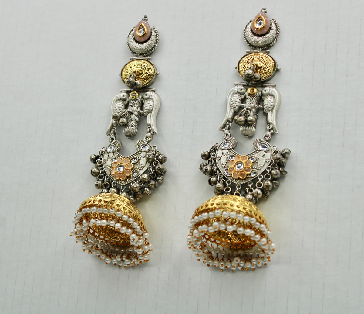 Two-Toned Oxidized Kundan Jhumki With Faux Pearls - E1257