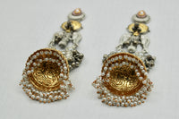 Two-Toned Oxidized Kundan Jhumki With Faux Pearls - E1257