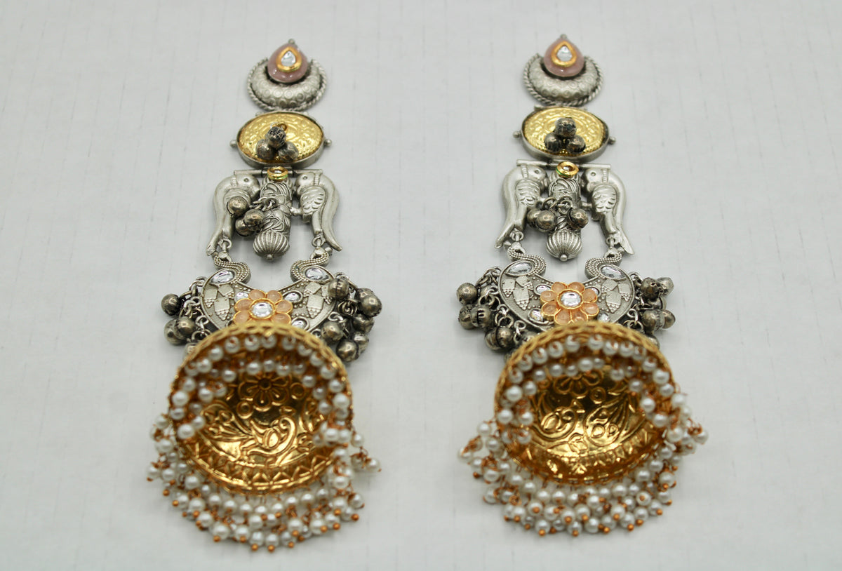 Two-Toned Oxidized Kundan Jhumki With Faux Pearls - E1257