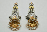 Two-Toned Oxidized Kundan Jhumki With Faux Pearls - E1257