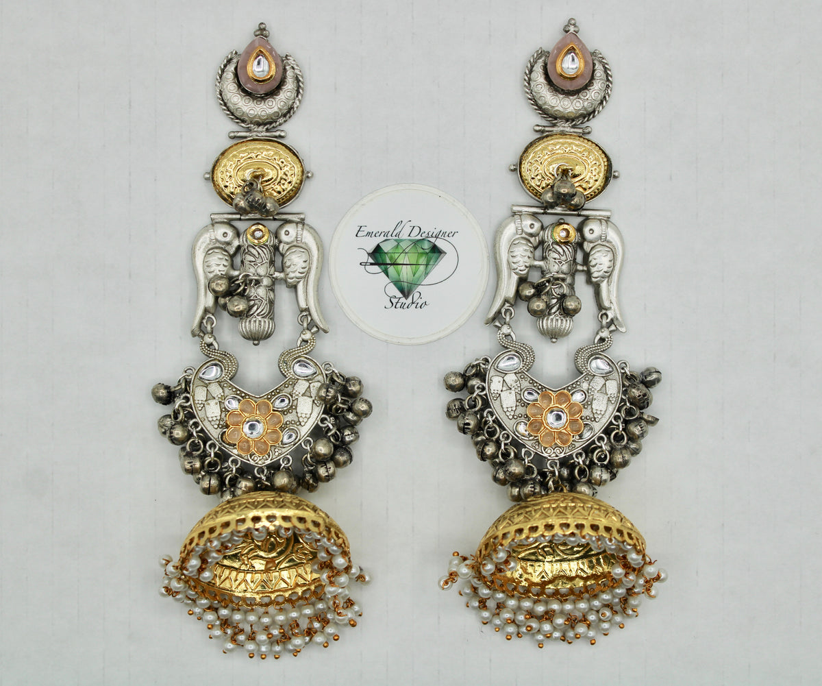 Two-Toned Oxidized Kundan Jhumki With Faux Pearls - E1257