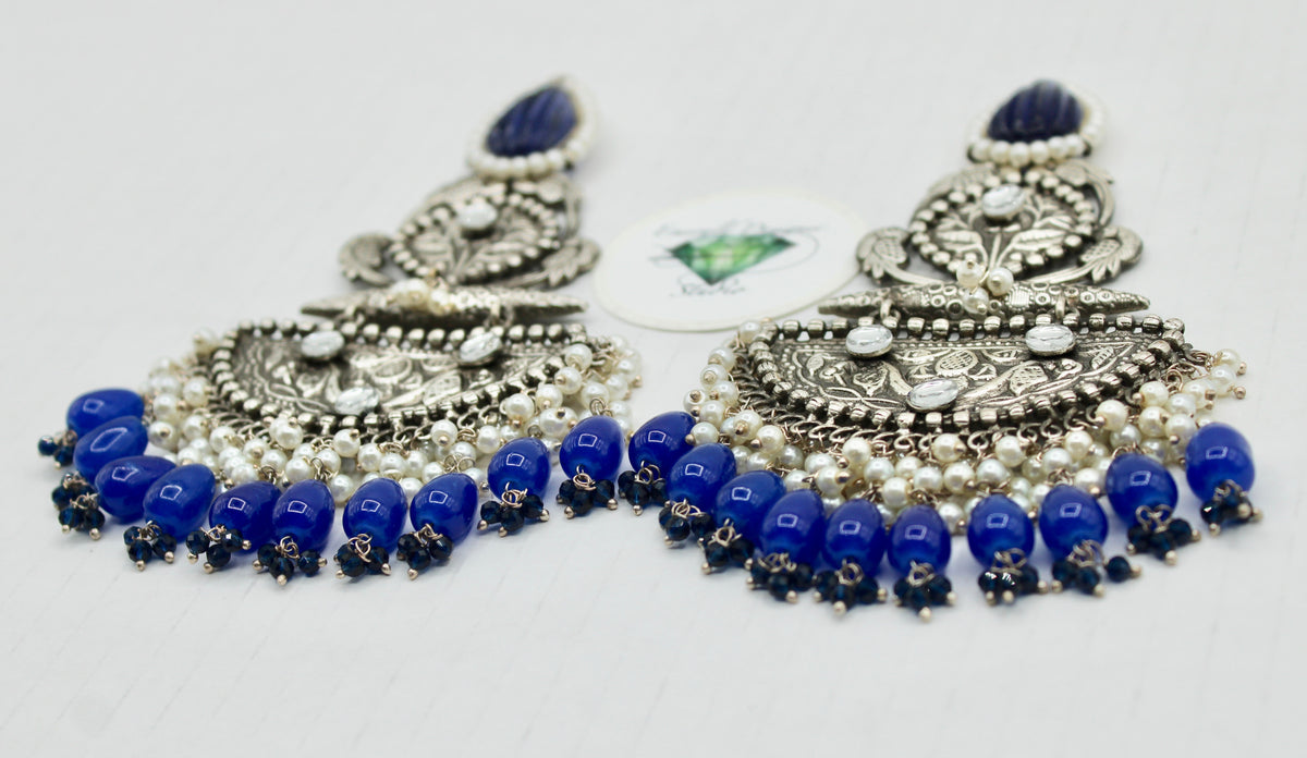 Carved Stone Oxidized Kundan Earrings with Beads and Faux Pearls - E1258