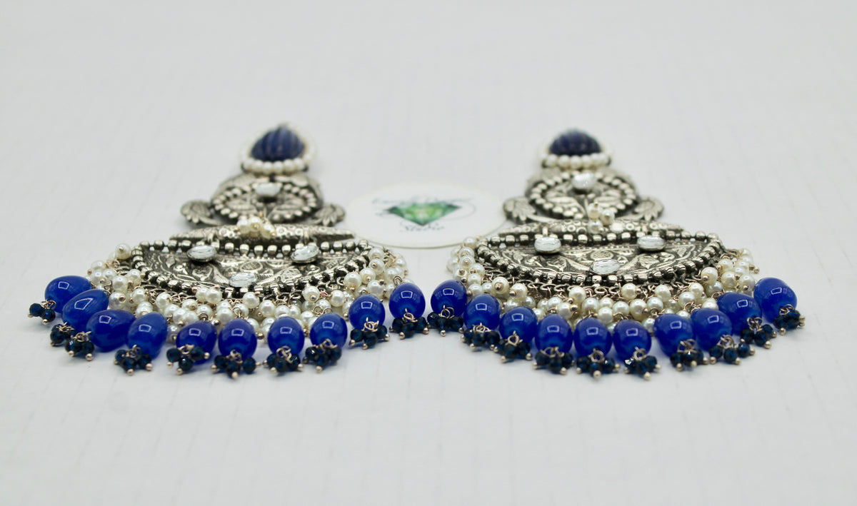 Carved Stone Oxidized Kundan Earrings with Beads and Faux Pearls - E1258