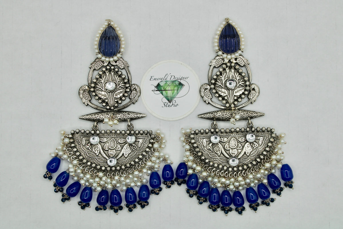 Carved Stone Oxidized Kundan Earrings with Beads and Faux Pearls - E1258