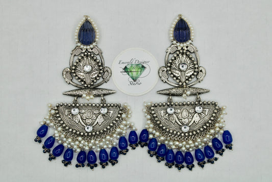 Carved Stone Oxidized Kundan Earrings with Beads and Faux Pearls - E1258