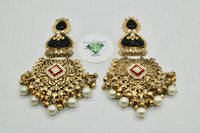 Carved Stone Oxidized Earrings With Faux Pearls - E1259