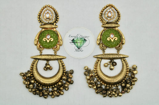 Carved Stone and Ghungroo Oxidized Earrings - E1155